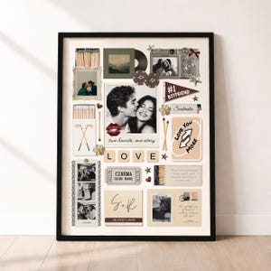 Puede incluir: Un collage impreso y enmarcado que presenta una fotografía central en blanco y negro de una pareja, rodeada de elementos gráficos que incluyen cajas de cerillas, una cámara, una entrada de cine, fichas de Scrabble con la palabra LOVE.