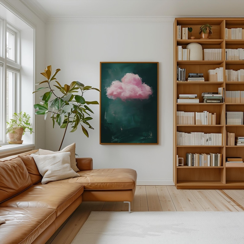 Emerald green pink cloud print showcasing abstract wall art design with minimalist and maximalist wall art appeal.