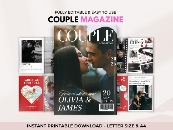 Personalised Couples Magazine Template, Engagement Gift Idea, Long Distance Gift, Gift For Boyfriend, Custom Couple Gift, Canva Template