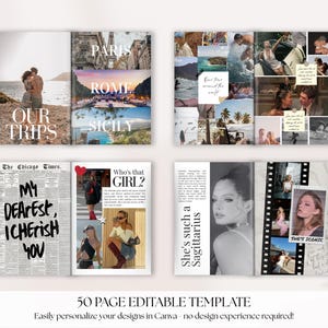 May include: A multi-page editable template with travel and lifestyle themes. The design includes collages of photos, travel destinations like Paris, Rome, and Sicily, and text such as "Our Trips," "My Dearest, I Cherish You," and "She's such a Sagittarius."
