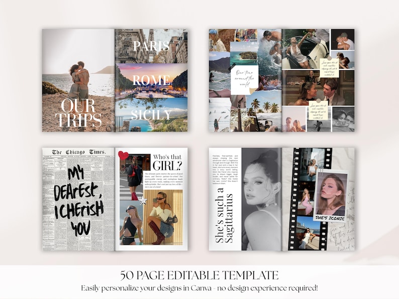 May include: A multi-page editable template with travel and lifestyle themes. The design includes collages of photos, travel destinations like Paris, Rome, and Sicily, and text such as "Our Trips," "My Dearest, I Cherish You," and "She's such a Sagittarius."