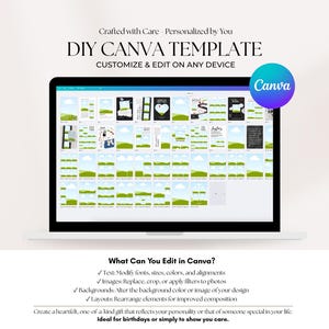 May include: A laptop displays a DIY Canva template with various design layouts. The screen shows editable elements, including text, images, and backgrounds. The text on the screen says "Customize & Edit on Any Device". A Canva logo is in the upper right corner.