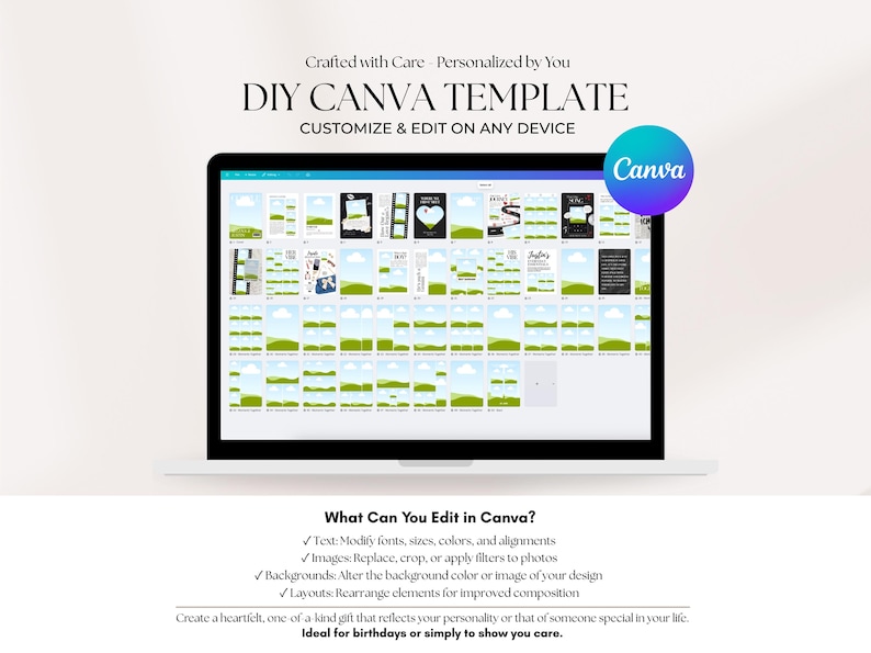 May include: A laptop displays a DIY Canva template with various design layouts. The screen shows editable elements, including text, images, and backgrounds. The text on the screen says "Customize & Edit on Any Device". A Canva logo is in the upper right corner.