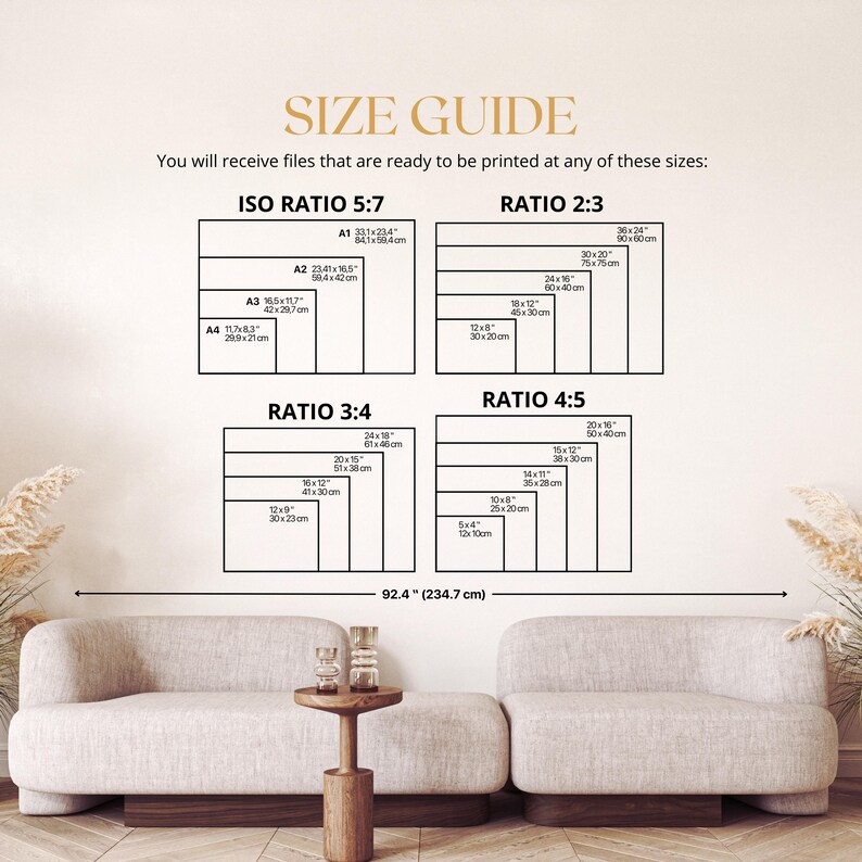 May include: A size guide chart with dimensions in inches and centimeters, including ISO Ratio 5:7, Ratio 2:3, Ratio 3:4, and Ratio 4:5. The text reads "You will receive files that are ready to be printed at any of these sizes:" The image is displayed above a beige sofa.