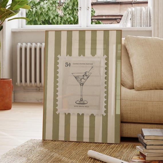 Martini Glass Art Green Stripes Stamp, Signature Drink Sign, Cocktail Prints, Bar Cart Art, Apartment Decor, Trendy Wall Art, Trendy Kitchen