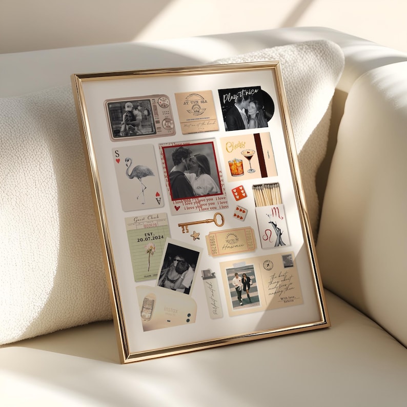 May include: A gold-framed collage featuring various small photos, cards, and mementos. The images include a vintage TV, playing cards, a key, and a couple kissing. The arrangement is on a white background.