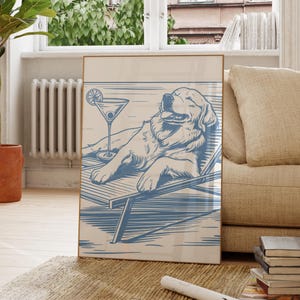Küsten Hund Kunstdruck Retro Cocktail Poster Beachy Wandkunst Hellblaue Wandkunst Strand Haus Dekor Geschenk Sommer Wandkunst, Küstenwandkunst