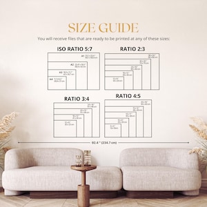 May include: A size guide chart with dimensions in inches and centimeters, including ISO Ratio 5:7, Ratio 2:3, Ratio 3:4, and Ratio 4:5. The text states, "You will receive files that are ready to be printed at any of these sizes:" The image is displayed above a beige sofa.