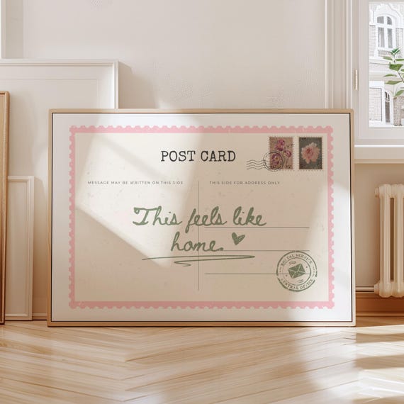 This Feels Like Home Print Vintage Postcard Wall Art Aesthetic Apartment Decor Girly Dorm Decor Hallway Wall Art Light Pink Olive Green Art