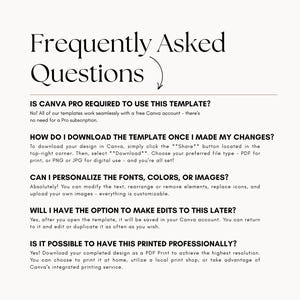 May include: A cream-colored graphic with the title "Frequently Asked Questions" in a stylish font. The text answers questions about using a Canva template, including downloading, editing, and printing options.