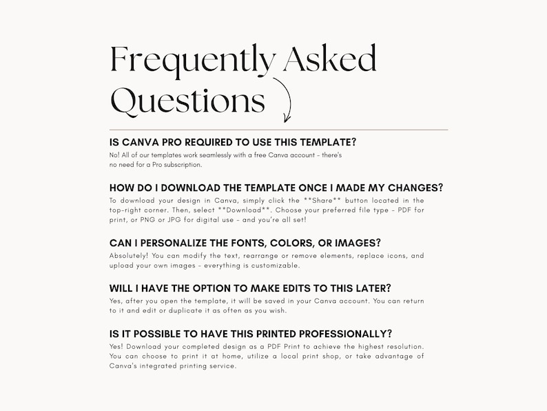 May include: A cream-colored graphic with the title "Frequently Asked Questions" in a stylish font. The text answers questions about using a Canva template, including downloading, editing, and printing options.