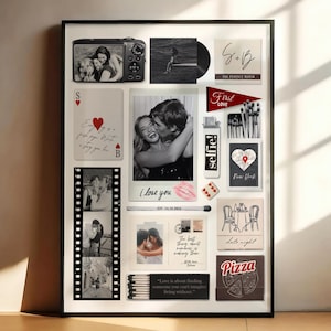 May include: A framed collage featuring various black and white photos, including a couple, a camera, and a vinyl record. The collage also includes cards, matchboxes, and text that reads "I love you", "Selfie!", and "Pizza".