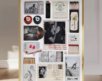 Modello di poster per scatola di fiammiferi, arte personalizzata per scatola di fiammiferi, regalo per il primo anniversario di matrimonio per il fidanzato, regali stampabili per lui e per lei, stampe da parete con collage