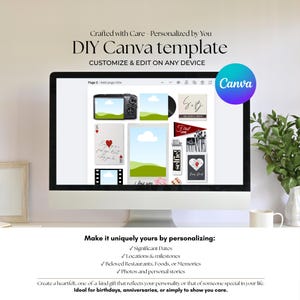May include: A computer screen displays a DIY Canva template with various design elements. The template includes images of a camera, a record, playing cards, and other graphics. Text on the screen reads "DIY Canva template" and "Customize & Edit on Any Device."