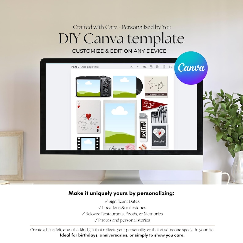 May include: A computer screen displays a DIY Canva template with various design elements. The template includes images of a camera, a record, playing cards, and other graphics. Text on the screen reads "DIY Canva template" and "Customize & Edit on Any Device."