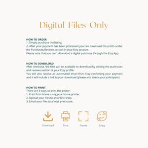 May include: A cream-colored digital art print with the text "Digital Files Only" in a gold serif font. Instructions on how to order, download, and print are included. Icons for download, print, frame, and enjoy are at the bottom.