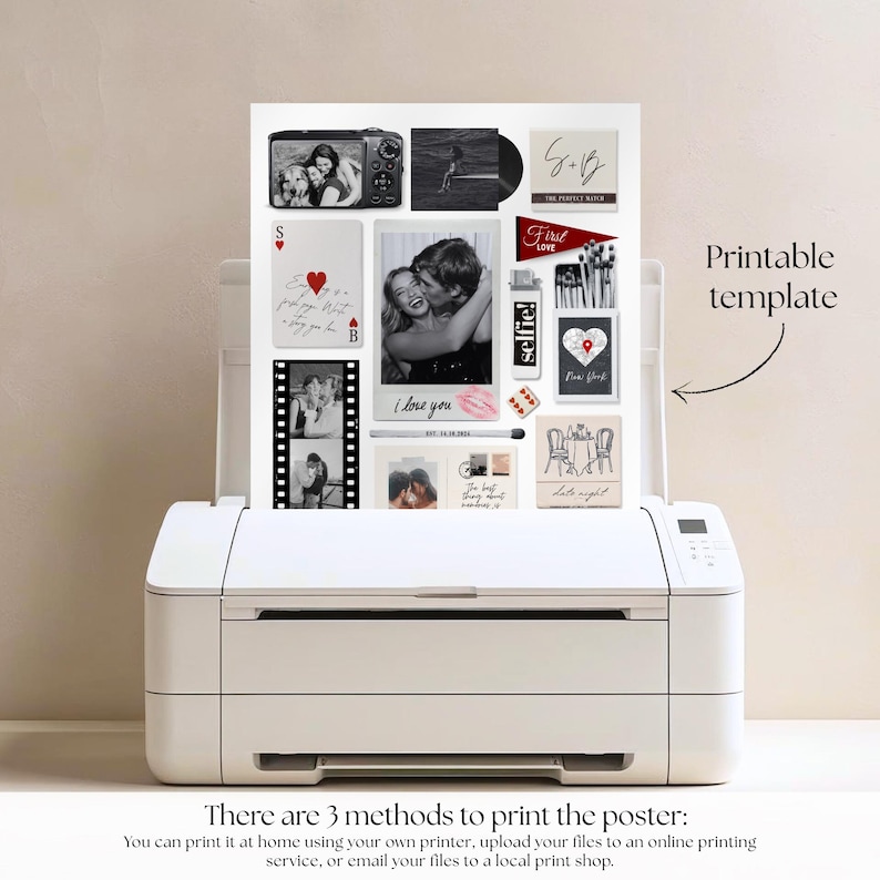 May include: A white printer with a printed template featuring various black and white images, including photos, a film strip, and text. The template includes the words "I love you" and "selfie!" The image also includes the text "Printable template".