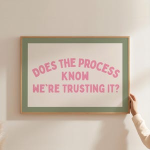 Peut inclure: Impression encadrée avec le texte rose "DOES THE PROCESS KNOW WE'RE TRUSTING IT ?". Le cadre est vert et en bois naturel, parfait pour la décoration intérieure.