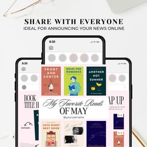 Pode incluir: A tela de um telefone exibindo uma postagem de m&iacute;dia social com um fundo rosa e o texto "Minhas Leituras Favoritas de Maio" com um nome de usu&aacute;rio. A postagem apresenta uma grade de capas de livros com t&iacute;tulos como "Front and Center", "Rules for Romance", "Another Hot Summer", "Love Right Next Door" e "Starborn".