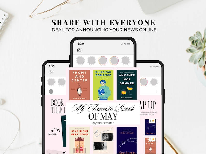 Pode incluir: A tela de um telefone exibindo uma postagem de m&iacute;dia social com um fundo rosa e o texto "Minhas Leituras Favoritas de Maio" com um nome de usu&aacute;rio. A postagem apresenta uma grade de capas de livros com t&iacute;tulos como "Front and Center", "Rules for Romance", "Another Hot Summer", "Love Right Next Door" e "Starborn".
