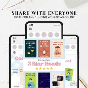 May include: A phone screen displaying a social media post with a pink and blue background. The post features a collage of book covers with the text "5 Star Reads" and five gold stars. The book covers are for the titles "Another Hot Summer", "Front and Center", "Love Right Next Door", "Rules for Romance", and "Starborn".