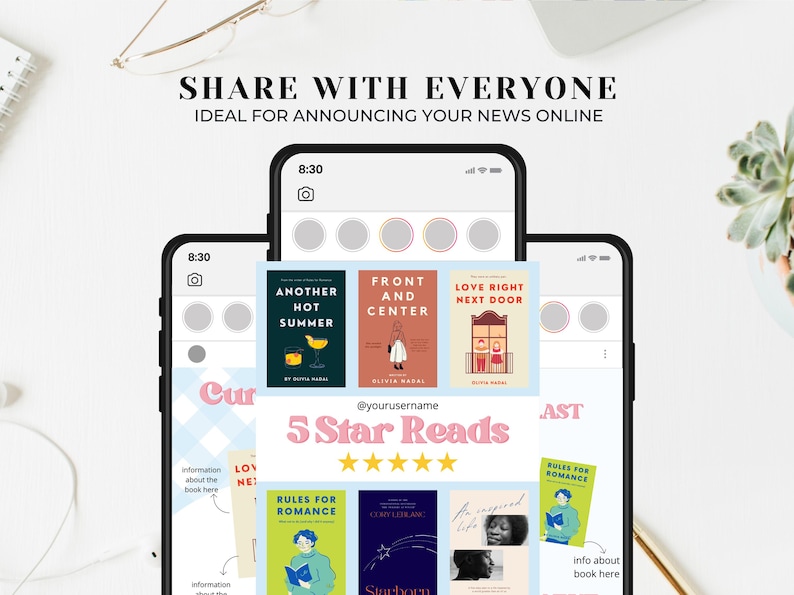 May include: A phone screen displaying a social media post with a pink and blue background. The post features a collage of book covers with the text "5 Star Reads" and five gold stars. The book covers are for the titles "Another Hot Summer", "Front and Center", "Love Right Next Door", "Rules for Romance", and "Starborn".