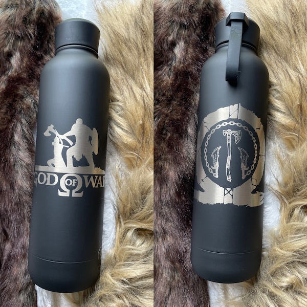 God of War inspired Kratos and Atreus custom laser engraved water bottle Omega leviathan blades of Chaos
