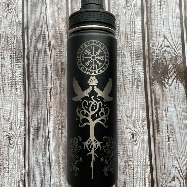 Norse Viking Custom Black laser engraved double insulated bottle Valknut Yggdrasil Vegvisir Odins Ravens and Wolves