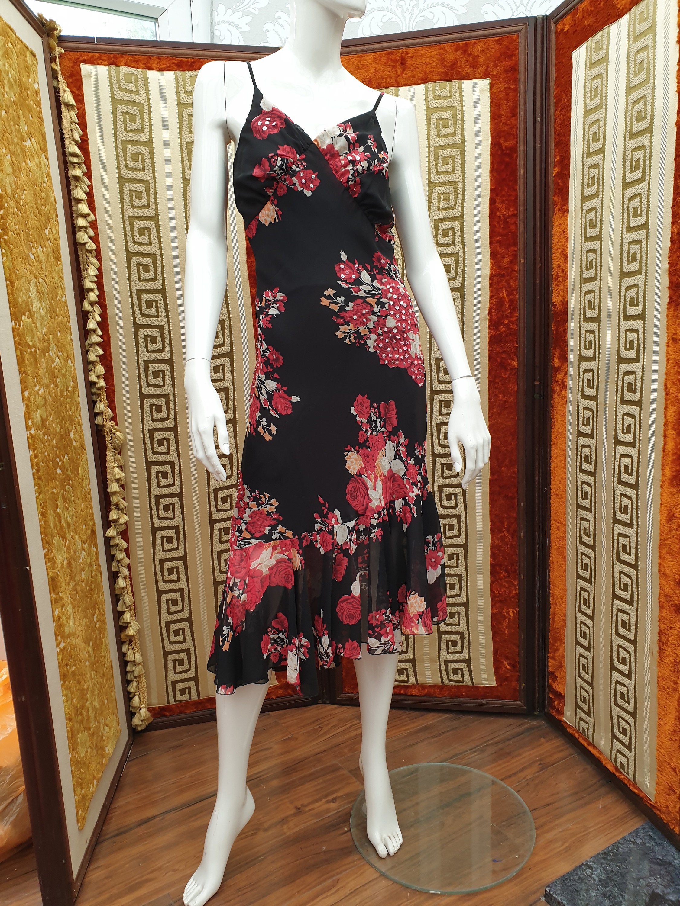 Black Floral Tea Dress Bias Cut Dress Frilled Flapper Dress Etsy UK