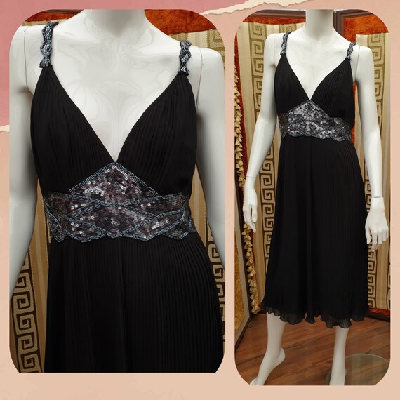 Vintage Pleated Black Dress Beaded Evening Dress S