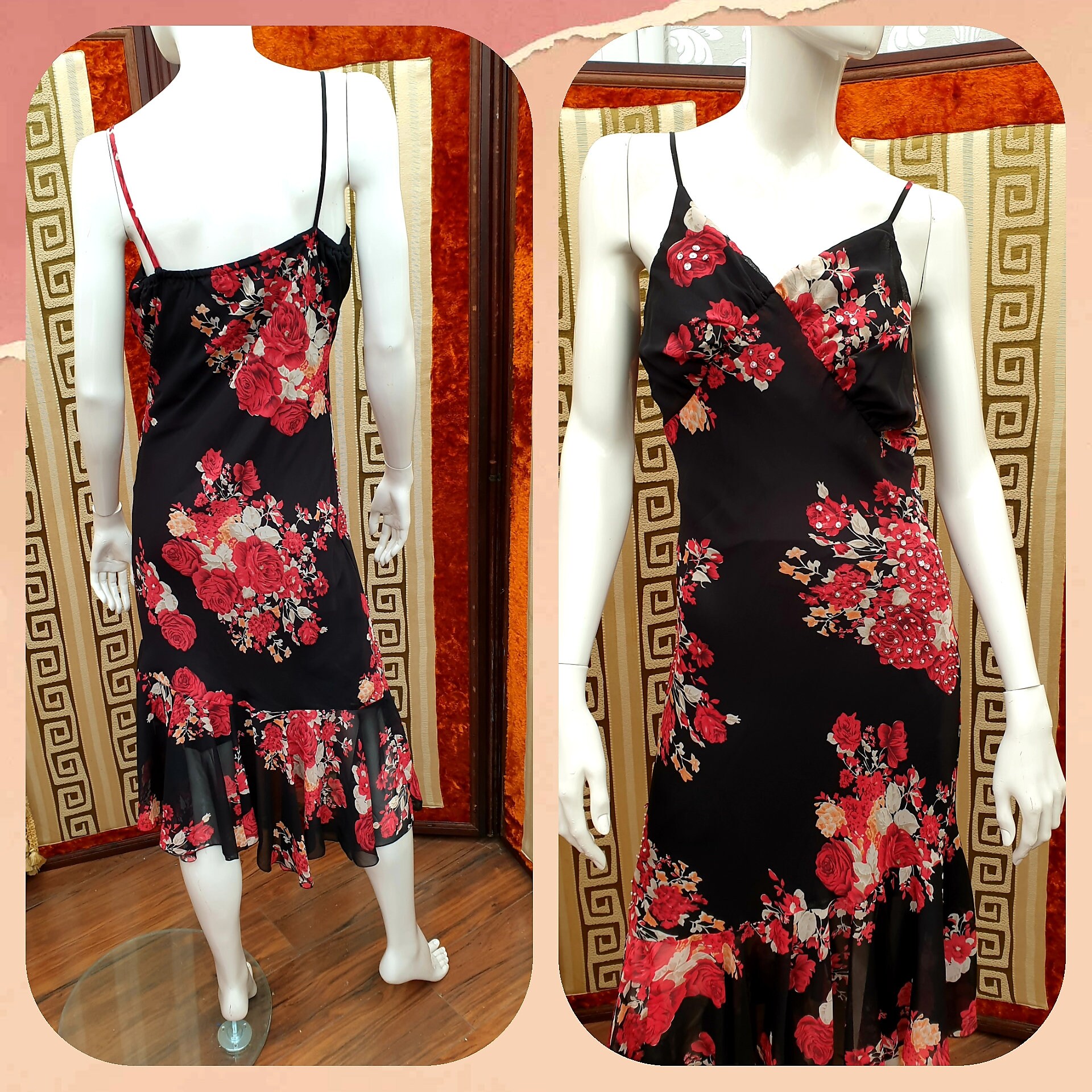 Black Floral Tea Dress Bias Cut Dress Frilled Flapper Dress Etsy UK