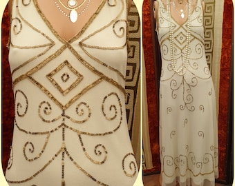 Vestido Art Decó con adornos, estilo años 20, estilo flapper, color marfil, con cuentas. Talla: Reino Unido 12, EE. UU. 8.