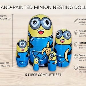 Matrioska in legno dipinte a mano, gialle, con personaggi dei cartoni animati, decorazioni per la cameretta dei bambini, regalo perfetto, prodotto in Ucraina.