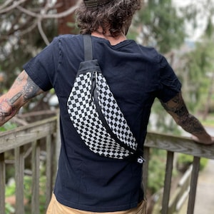 Black and White Skate Check Waxed Canvas Sling Bag | Old School Skater Style | Color Options | Plus Sized Belts Available