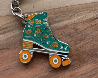 Roller Skate Key chain inTeal with Orange Flowers, Cute Charm for Bag or Purse, Colorful Hard Enamel Roller skate Accessories