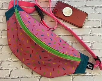 Donut Sprinkles Waxed Canvas Sling Bag  | Fanny Pack with Pockets | Roller Skate Sport Bag | Plus Size Belts back | Hot Pink Doughnut Print