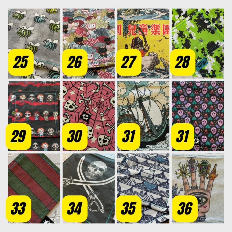 K&ouml;nnte beinhalten: Ein Set aus 12 Stoffquadraten mit verschiedenen Mustern. Die Muster umfassen Bienen, Katzen, eine japanische Szene, Tarnung, Puppen, Totenk&ouml;pfe und Knochen, ein Schiff, einen Totenkopf und Schwerter, Wellen und eine Hand mit einem Auge. Die Quadrate sind von 25 bis 36 nummeriert.