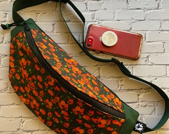 Autumn Poppy Waxed Canvas Sling Bag for Women or Men | Roller Skate Bum Bag | Hip Bag | Cross Body Waist Bag | Fanny Pack Vintage Retro