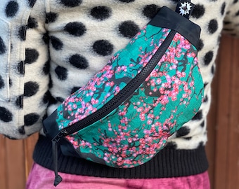 Cherry Blossom Waxed Canvas Sling Bag for Women or Men | Adjustable Belt Two Zipper Pockets and Built-In Wallet Durable Handmade Fanny Pack