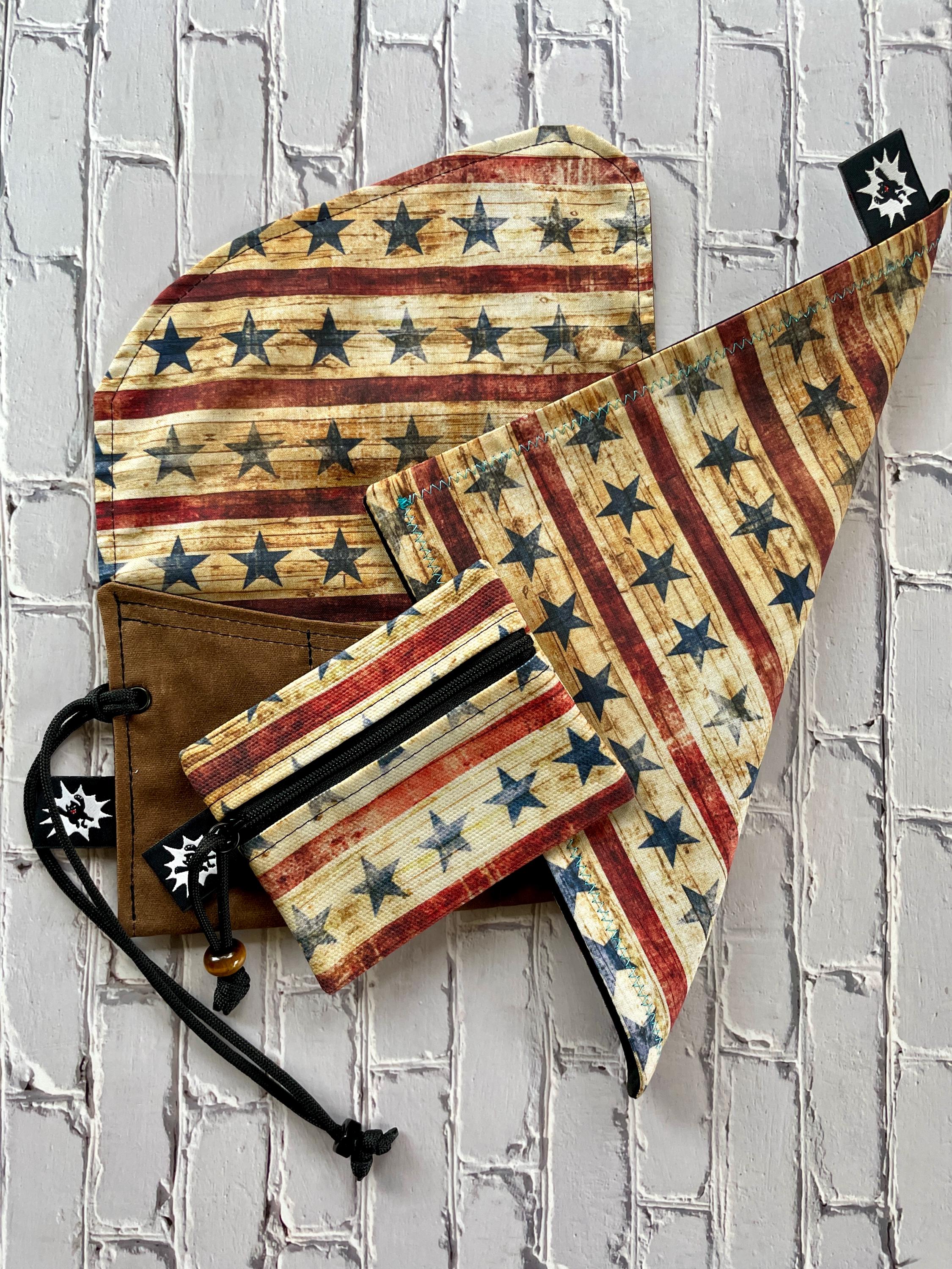 Stars and Stripes EDC Gift Set – Waxed Canvas Tool Roll, Microfiber Hank, and Zipper Pouch with Patriotic Print, Rugged Carry Essentials