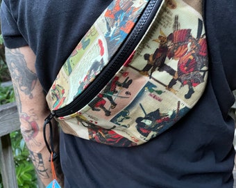 Samurai Waxed Canvas Sling Bag | Roller Skate Bum Bag | Japanese Art Hip Bag | Cross Body Waist Bag | Fanny Pack Vintage Men | Unique gift