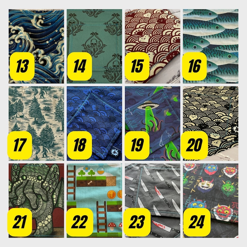 K&ouml;nnte beinhalten: Ein Set mit 24 Stoffquadraten mit verschiedenen Mustern, darunter Fische, Wellen, B&auml;ume und geometrische Designs. Die Quadrate sind von 13 bis 24 nummeriert.