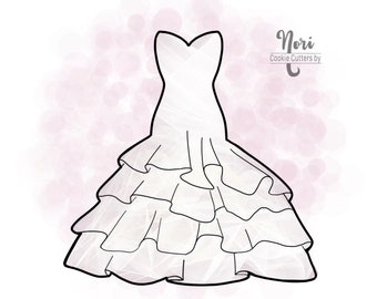 V Neck Ruffled Wedding Gown Cookie Cutter - Cookie Cutters By Nori - CN0376