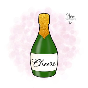 May include: A green glass bottle with a gold top and a white label that says "Cheers". This is a cookie cutter for making champagne bottle shaped cookies.