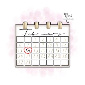 May include: A white calendar with gold accents and a red heart around the number 14, indicating Valentine's Day. The calendar is for the month of February.