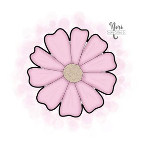 May include: A pink flower cookie cutter with a detailed design. The cutter is outlined in black and has a center with a textured design.