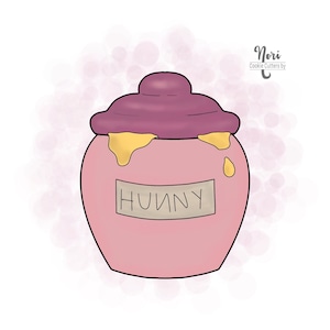 May include: A pink honey pot cookie cutter with a purple lid and a label that says "Hunny". The honey pot is dripping with honey.
