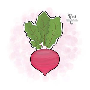 May include: A red beet with green leaves. The beet is illustrated in a cartoon style with a watercolor effect. The text "Nori Cookie Cutters by" is in the upper right corner of the image.