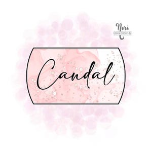May include: A pink and white watercolour background with a black outline and the word "Candal" written in black cursive.