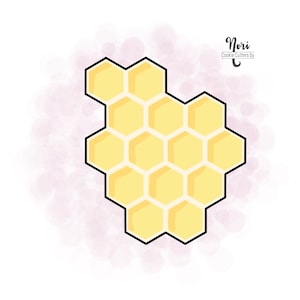 May include: A yellow honeycomb cookie cutter with a black outline. The cookie cutter is shaped like a honeycomb with multiple hexagonal cells. The background is a watercolor wash of pink and white.